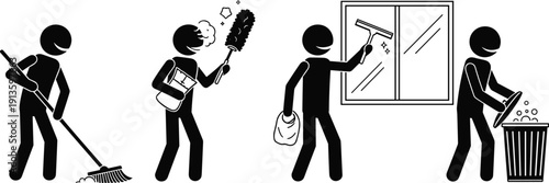 Professional cleaning service team stick figures performing domestic chores including sweeping floors dusting surfaces washing windows and disposing trash for home maintenance business