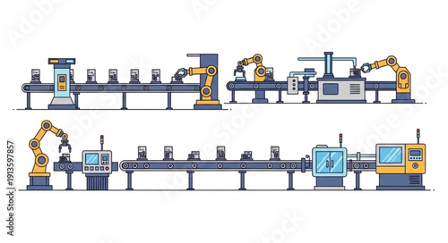 Automated Factory Production Line with Robotic Arms.