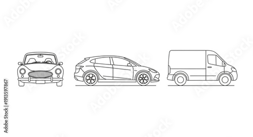Automobile and Van Line Art Illustrations from Multiple Angles.