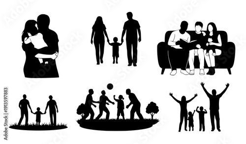 Diverse Family Silhouette Vector Illustrations with Everyday Activities and Parenting Scenes
