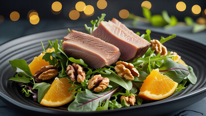 Healthy duck confit salad, mixed greens with citrus and nuts, premium restaurant food photo
