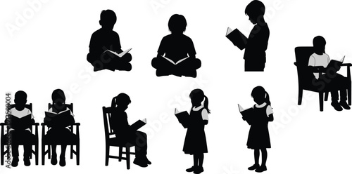Set of Children Silhouettes Reading Books and Studying While Sitting and Standing Isolated on White Background for Educational School Projects and Literacy Graphic Design