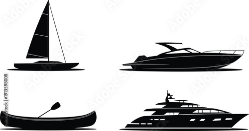 Sailboat, speedboat, yacht, and canoe silhouette set, black marine transport icons for summer vacation, luxury travel, nautical sport design.