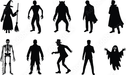 Set of halloween character silhouettes with witch ghost skeleton zombie werewolf and vampire for spooky party invitation festive designs,
