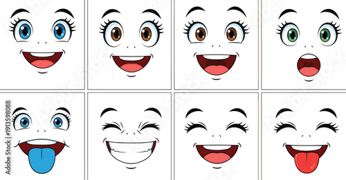 Set of cute anime girl face expressions with big eyes and various emotions including happy surprised and silly isolated on white background vector illustration