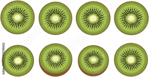 Set of Eight Fresh Green Kiwi Fruit Slices with Brown Fuzzy Skin and Black Seeds Isolated on White Background for Healthy Eating and Nutrition