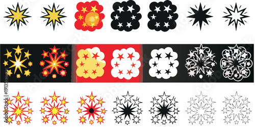 A series of colorful and monochrome firework burst designs in a row
