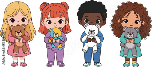 Set of Four Diverse Young Children Holding Cute Teddy Bears, Happy Multicultural Toddlers and Kids with Plush Toys for Childhood Comfort and Preschool Education Concept