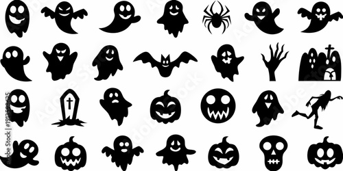 A collection of spooky halloween silhouettes including ghosts bats and spiders