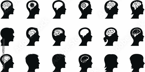 Silhouettes of human heads with varying brain visualizations and profiles