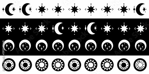 Lunar phases and star patterns arranged in horizontal rows black and white