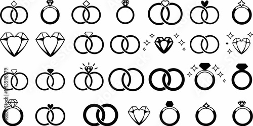 Collection of black and white wedding rings and heart symbols