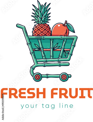 A colorful illustration of a shopping cart filled with fresh fruit, including a pineapple and an apple.