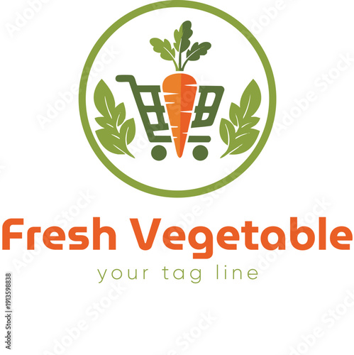 A logo for a fresh vegetable store with a shopping cart and carrot