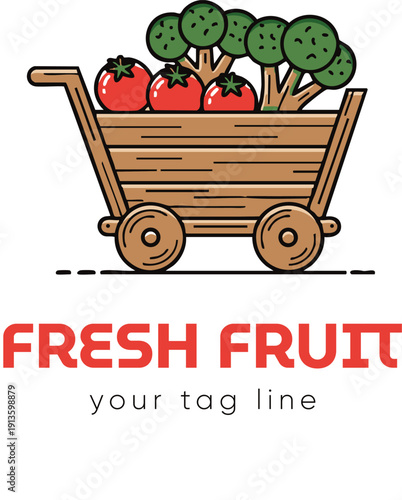 A wooden cart filled with fresh vegetables and fruits