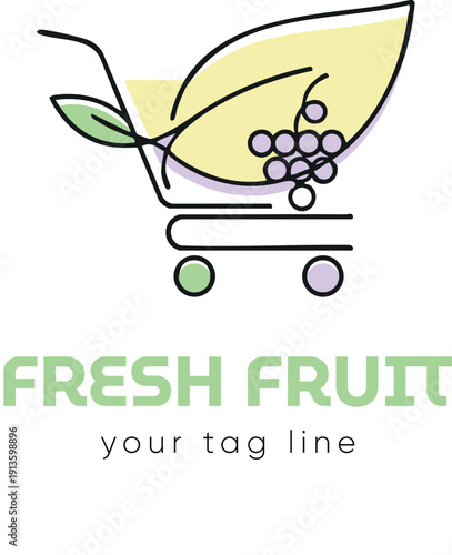 A shopping cart filled with fresh fruit and a green leaf on a white background