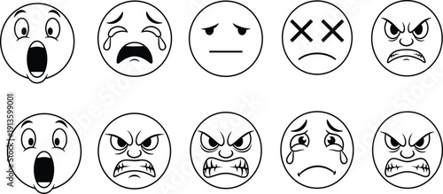 Set of hand drawn line art emoticon faces with negative emotions like angry crying surprised and bored isolated on white background for vector design