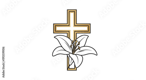 Golden Cross with White Lily Flower Illustration on White Background