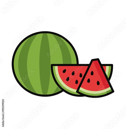 Watermelon vector illustration with whole fruit and sliced red wedges
