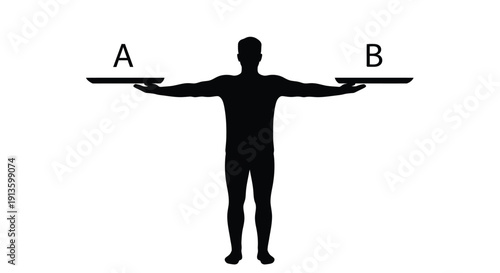 A man silhouette standing with outstretched arms holding two trays labeled A and B on each hand