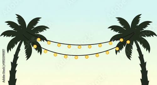 Palm Trees with String Lights against Gradient Sky