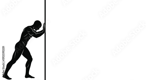 Muscular man silhouette pushing against vertical wall line on white background concept image