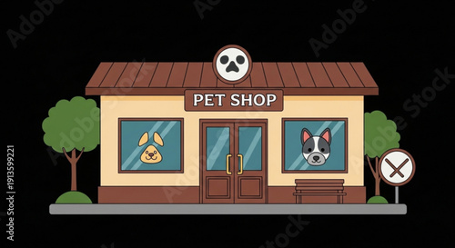 Creepy Pet Shop with Dog and Skull Sign on Brown Roof Building
