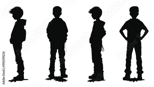 set of boy black silhouette vector icon young boy standing