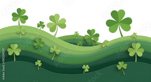 Layered paper cut style landscape with green rolling hills and floating shamrocks on a white background, creating a modern and minimal St Patrick’s Day themed illustration.