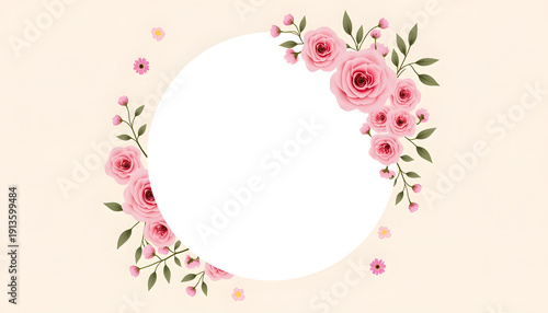 White circular frame with pink rosebuds and green leaves on beige background