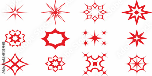 Collection of red starburst and star shaped design elements on white