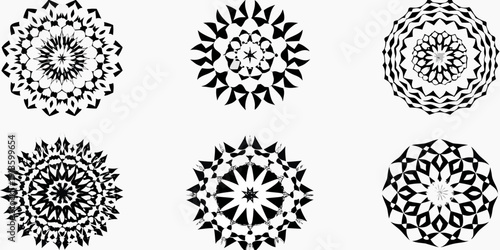 Six black and white floral patterned circular designs arranged in a grid