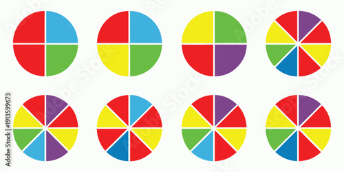 Colorful circles divided into sections with varying color combinations