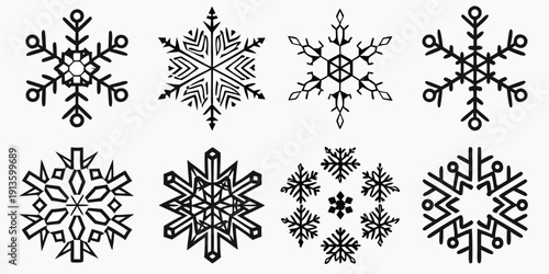 A collection of intricately designed black and white snowflake illustrations