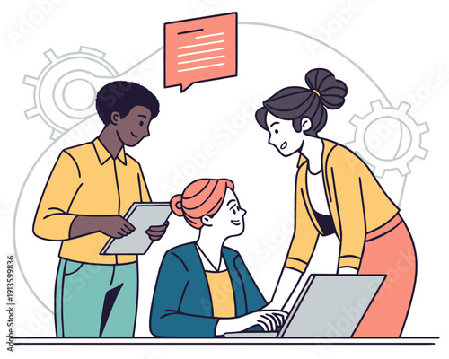 Diverse team collaborating on a project, using technology and sharing ideas in a modern office environment, depicting teamwork and innovation