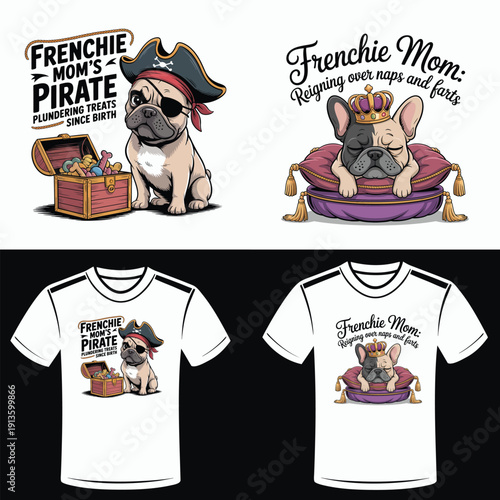 French Bulldog Pirate and Royal Dog with Text and T-shirt Designs eyepatch bandana