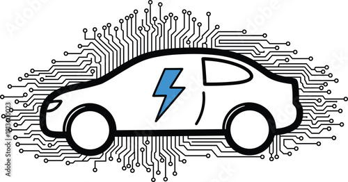 Electric car illustration showcasing innovation and technology in automotive industry with circuit board details view