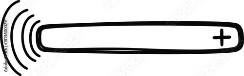 A wireless electronic device emitting signals with a plus sign icon on its surface, simple line art style, viewed from the side perspective