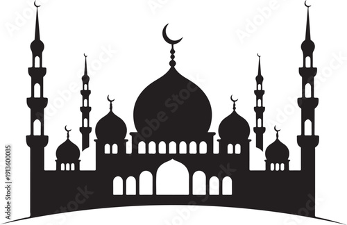 Impressive detailed silhouette of a grand mosque with many domes and towering minarets standing prominently