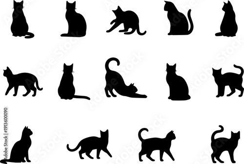 Simple Flat Black Silhouette Cat Poses Collection Pet Animal Illustration