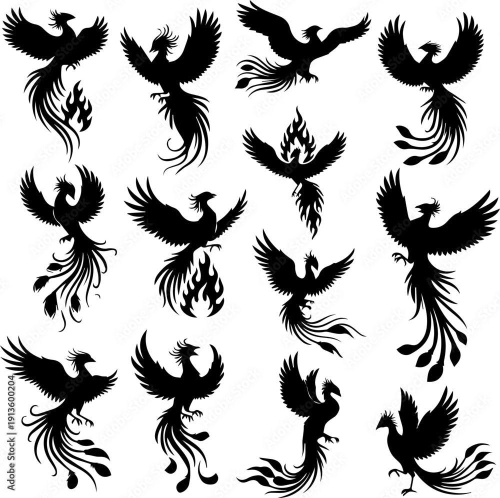 Obraz premium Silhouette Collection Flying Phoenix Mythical Bird Fire Spirit Animal Illustration
