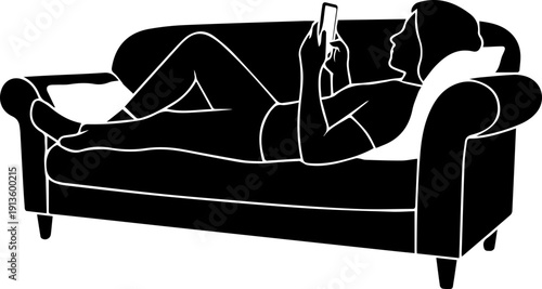 Silhouette Reclining Woman Using Smartphone on Couch Illustration