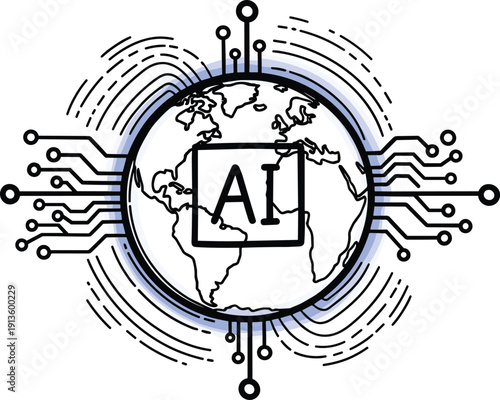 Global AI Technology Integration Illustrated with Circuit Board Elements Surrounding the Earth