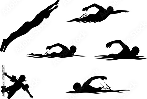 Silhouette Artistic Collection of People Swimming Action and Poses Illustration