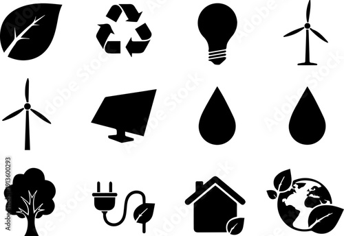 Simple Silhouette Ecology Icons Set with Renewable Energy Resources