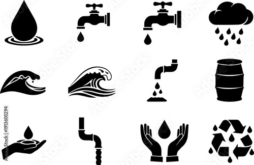 Minimalist Black and White Water Icon Set Graphic Design Illustration