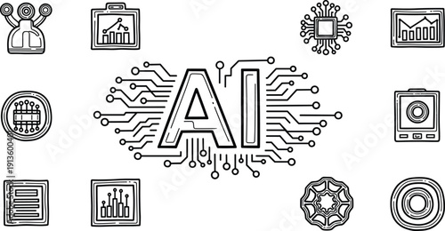 Artificial Intelligence Concept with Circuit Board and Icons Representing Technology and Innovation Surrounding Central AI Theme in Modern Flat Design Style