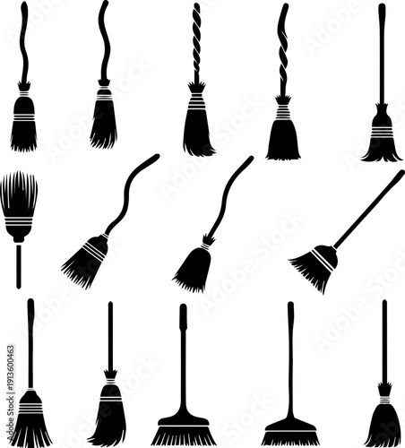 Silhouette Collection of Witch Broomstick Flying Magical Equipment Elements
