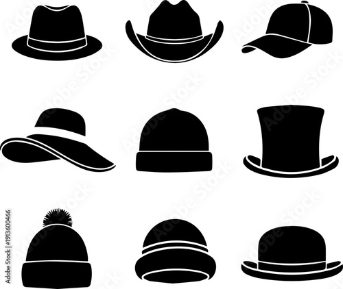 Silhouette Different Style Headwear Fashionable Accessory Head Covering Hats Illustration