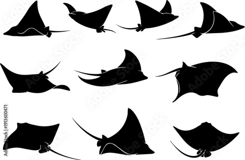 Silhouette Group of Swimming Manta Ray Sea Creature Animal Illustration